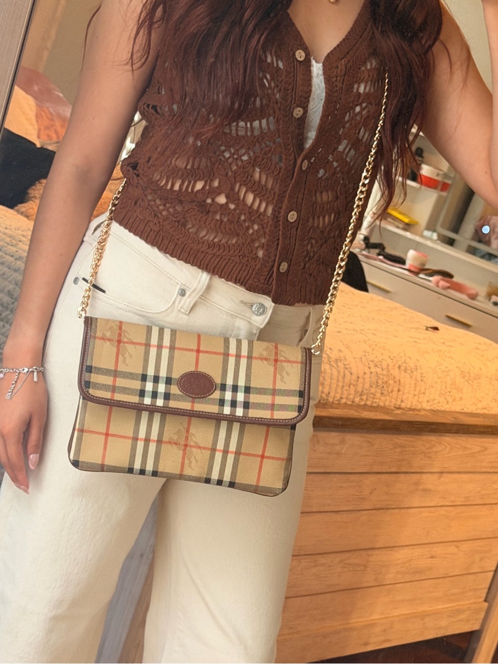 Burberry Beige Plaid Clutch with Brown Trim